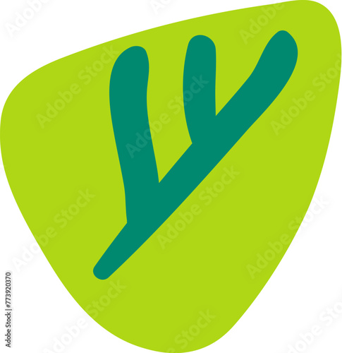 Green young leaf drawn by child. Bright childish careless illustration for design of festive spring banner. Flat hand drawn vector element isolated on white background
