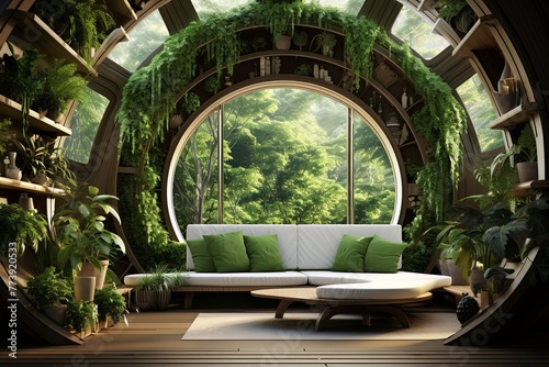 Futuristic Biophilic Living Room: Green Building Materials & Sustainable Design Inspirations