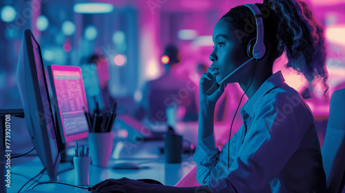 A female agent sits at her desk, her headset on as she navigates through customer inquiries, her workstation located in a bustling call center, rows of desks filled with agents in the background