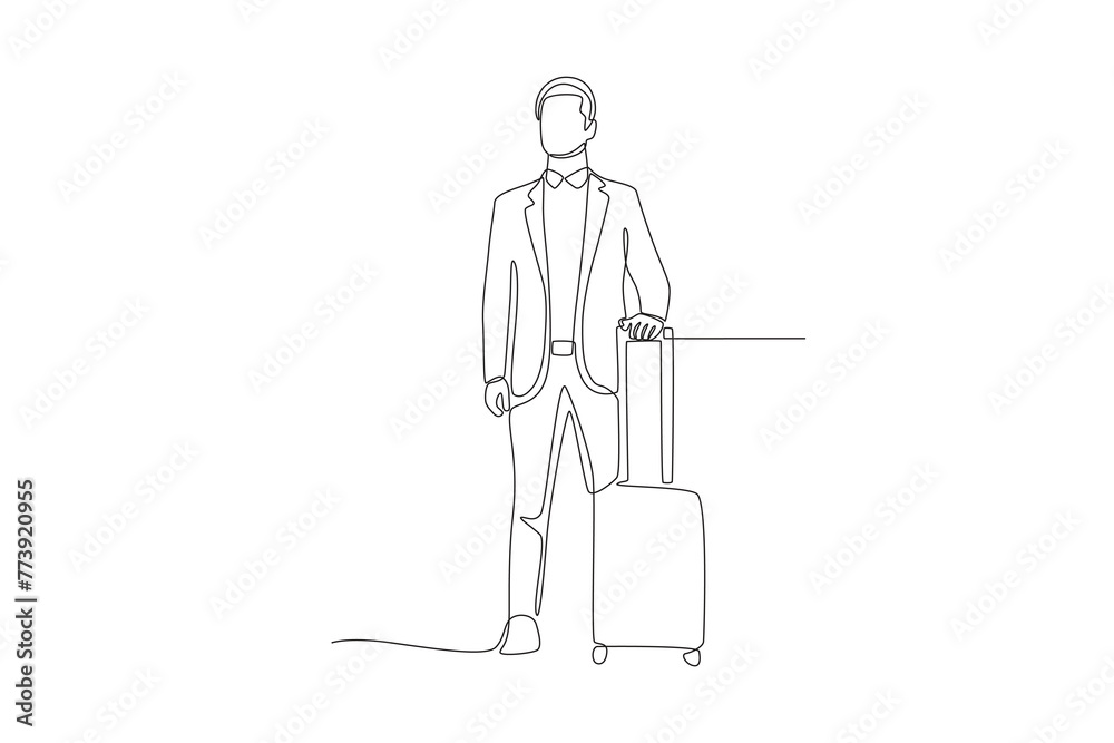 man going on business trip standing with suitcase.Business travel one-line drawing man going on business trip standing with suitcase.Business travel one-line drawing