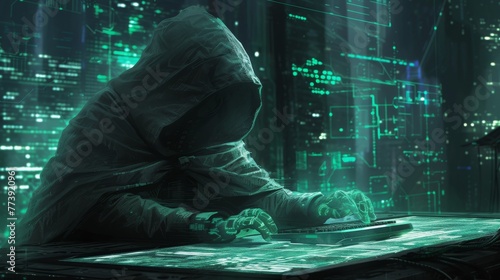 A cybercriminal, concealed by darkness and a hood, sits in front of a holographic display,