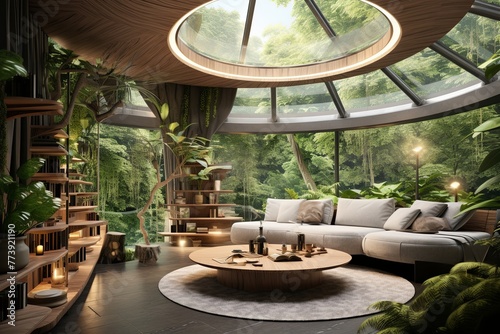 Natural Ventilation Oasis: Futuristic Biophilic Living Room Ideas with Sustainable Lighting photo