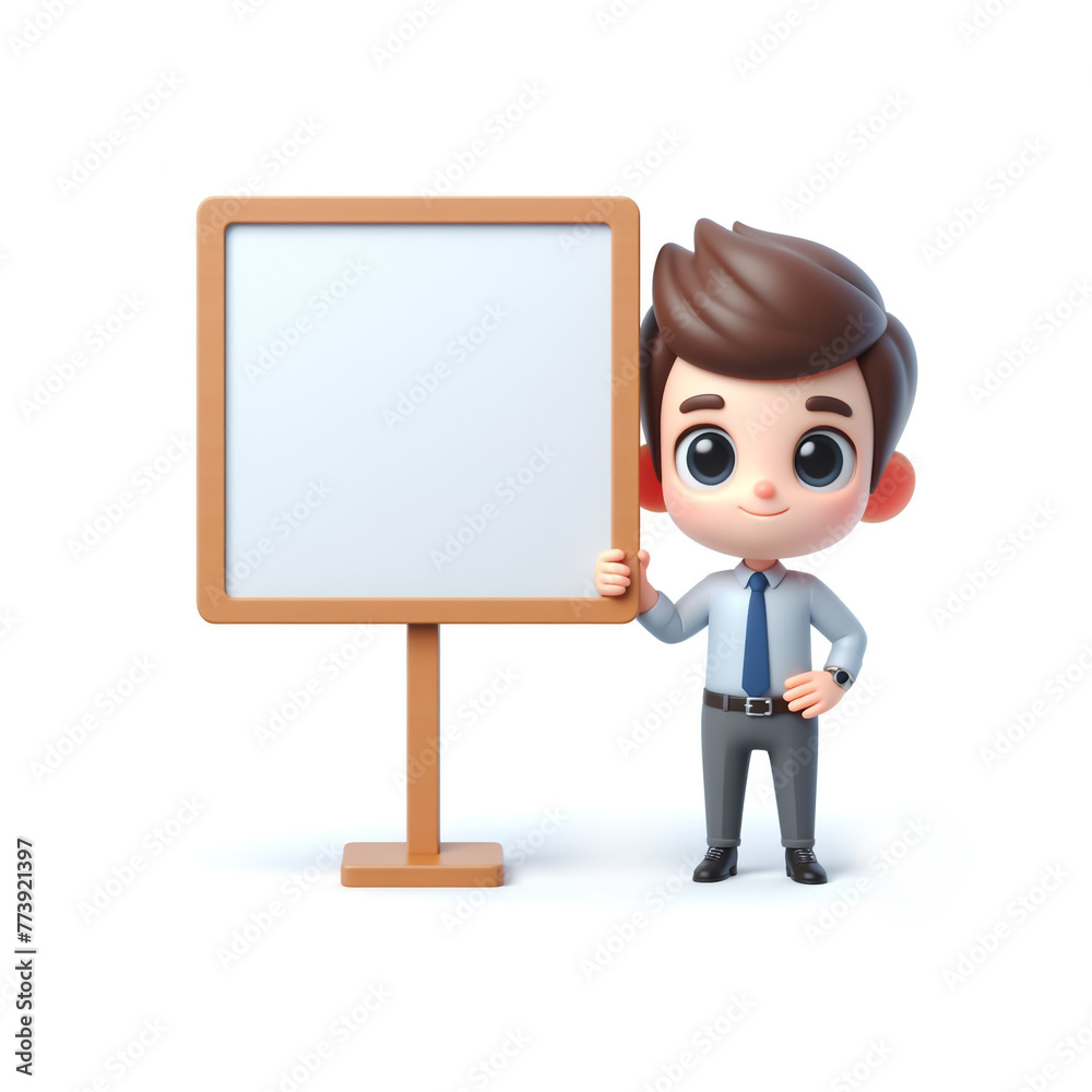 3d cartoon man holding blank signboard, isolated on white background