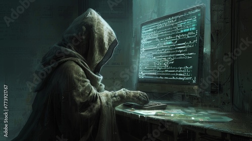 A mysterious individual, cloaked in a hood, stares intently at a computer screen displaying complex code.