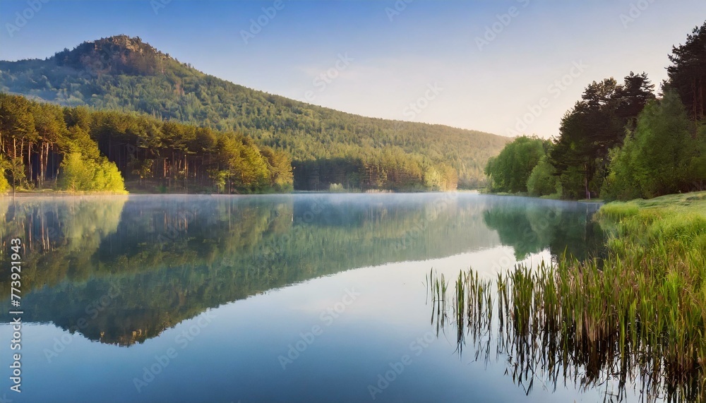 reflection of trees in the lake, Quiet morning at a beautiful lake