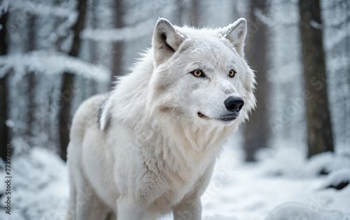 White Wolf in a snow covered winter forest