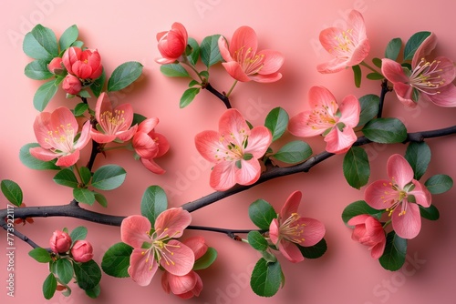 Pink flowers on a tree branch, spring abstract background. Generative AI