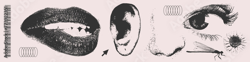 Woman lips, ear, nose and eye as retro halftone collage elements with minimalistic brutalism decor for mixed media design. Photocopy messy shapes, girl faces in dotted print style. Vector illustration