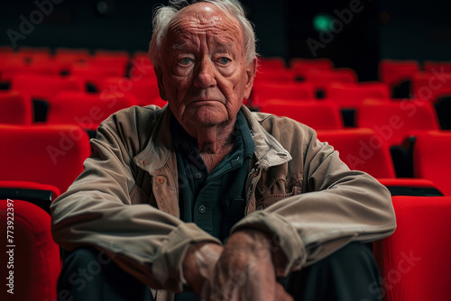 An older man sits in a red chair in a theater. He is wearing a brown jacket and a green shirt. A 60 year old man sitting in an empty theatre, looking dissapointed photo