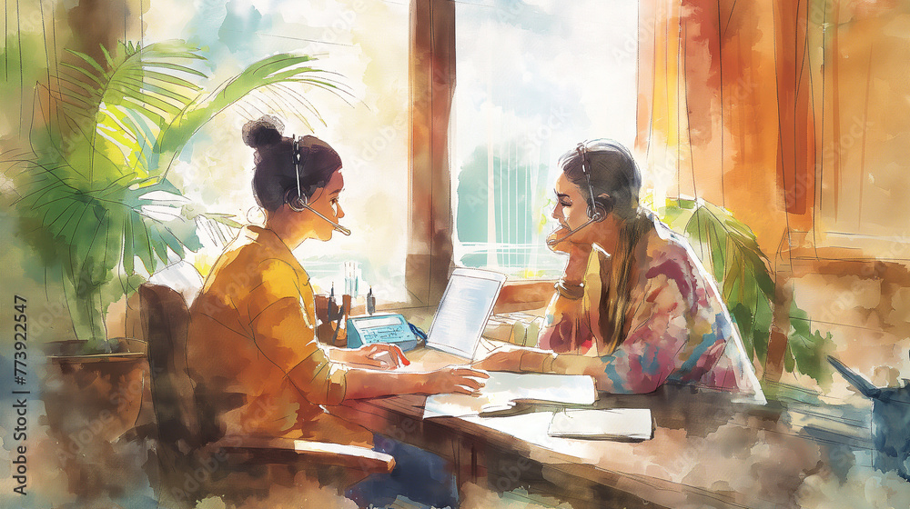 a young Indian woman wearing a headset conducts a consultation with an elderly student a young Indian woman wearing a headset conducts a consultation with an elderly student