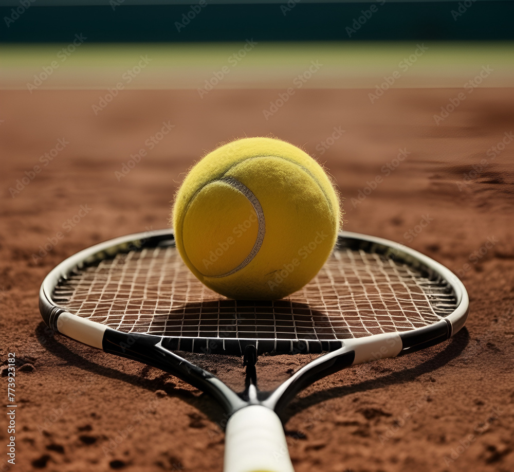 A tennis racket and new tennis ball on a freshly painted tennis court.
