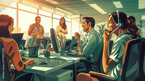  the lively atmosphere of the call center, a group of cheerful business operators takes a break, gathering around their desks to exchange jokes and laughter