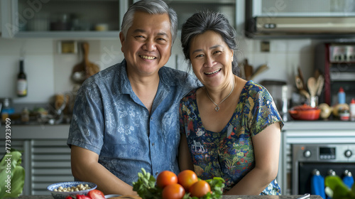 asian couple healthy, happiness, in kitchen, healthy foods photo