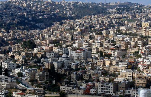 A mountain view of one side of the rural city of Salt, located between a group of mountains in Jordan