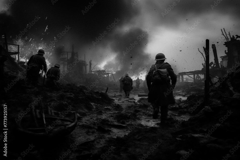 A war scene with soldiers moving through a devastated urban environment. Smoke and flames rise from the rubble, suggesting recent destruction. The atmosphere is intense and chaotic. Generative AI - obrazy, fototapety, plakaty 