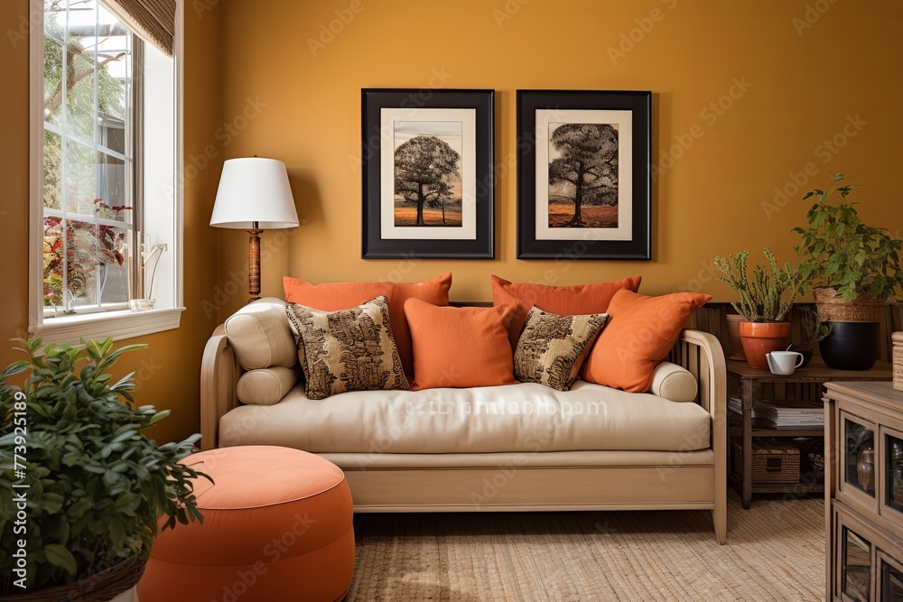 Naklejka premium Warm Color Paradise: A Cozy Haven of Guest Room Designs