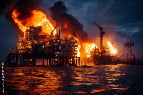 Massive Fire at an Offshore Oil Rig. Generative AI