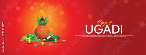 Happy Ugadi, New Year's Day according to the Hindu calendar - banner template design including Kalash, banana leaf, green mango, flowers, rangoli and diya.