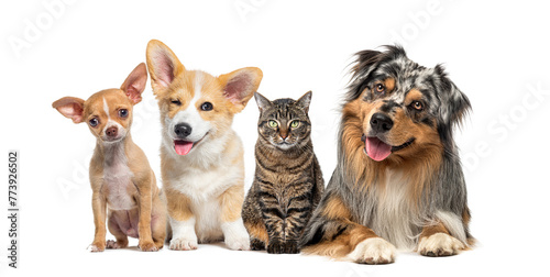 Friendly alert Pets together side by side in a row looking at the camera, isolated on white