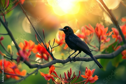 Sinhala New Year Erythrina Fusca Flowers with black Asian koel bird and a sun, © World of AI