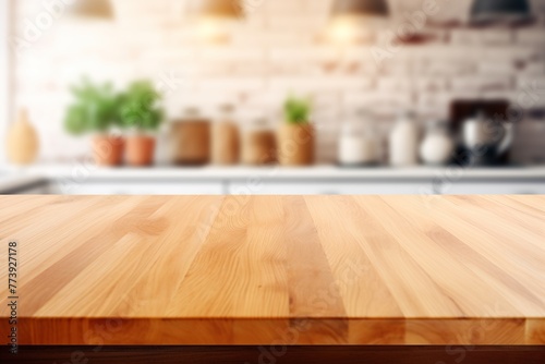 Wood table top on blur kitchen room background .For montage product display or design. AI generative