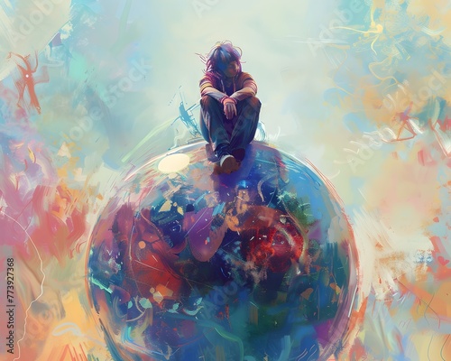 Impressionistic Vision of a Person Atop a Surreal Crystal Ball Gazing into Fantastical Realms