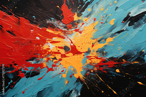Explosive abstract paint splash with vibrant reds, oranges, and blues, showcasing a dynamic and fluid movement.