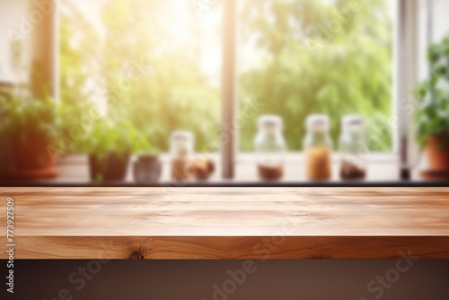 Wood table top on blur kitchen room background .For montage product display or design. AI generative