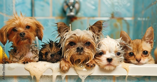 Pet Care and Grooming: Imagery of pets being groomed, bathed, or receiving care. 