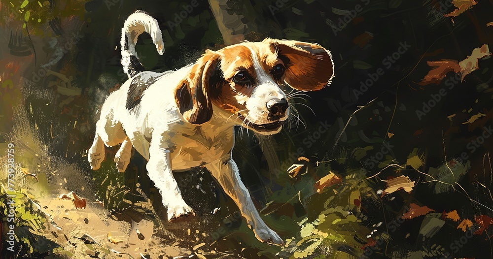 Beagle ears flapping, close-up, mid-jump, sunlight casting shadows, lively, high detail. Beagle ears flapping, close-up, mid-jump, sunlight casting shadows, lively, high detail.