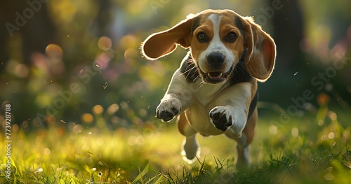 Beagle ears flapping, close-up, mid-jump, sunlight casting shadows, lively, high detail. 