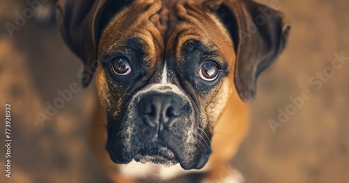 Boxer  close-up  head tilt  curiosity in eyes  natural light  warm  inviting atmosphere. 