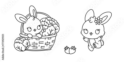 Kawaii line art coloring page for kids. Kindergarten or preschool coloring activity. Cute jumping playful bunny, and cute bunny sitting in a basket with cabbage. Kawaii rabbits vector illustration