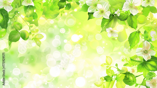 White blossoms bloom amidst vibrant green leaves, illuminated by golden sunlight creating a serene and enchanting atmosphere, perfect for spring-themed content. 
