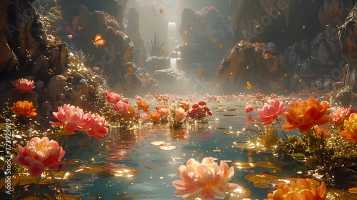 A dreamlike 3D landscape  golden jewelry graces the walls  surrounded by vibrant flowers and graceful butterflies.