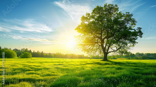 Majestic tree bathed in golden sunlight, its branches reaching toward the blue sky in a serene and tranquil green landscape.