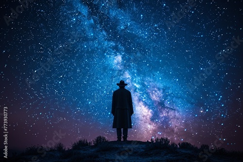 A Man in a Cowboy Hat Stands in the Dark of Night, Gazing at the Star-Filled Sky Generative AI