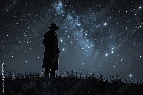 A Man in a Hat Stands in the Dark of Night, Gazing at the Stars Generative AI photo