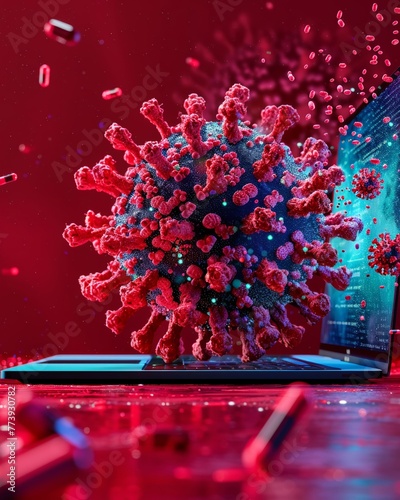 Digital 3D rendering of a virus structure with pharmaceutical drugs and a laptop showing research data