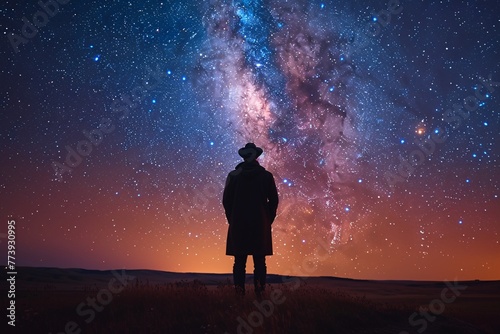 A Man in a Cowboy Hat Stands in a Field Under a Starry Night Sky Generative AI