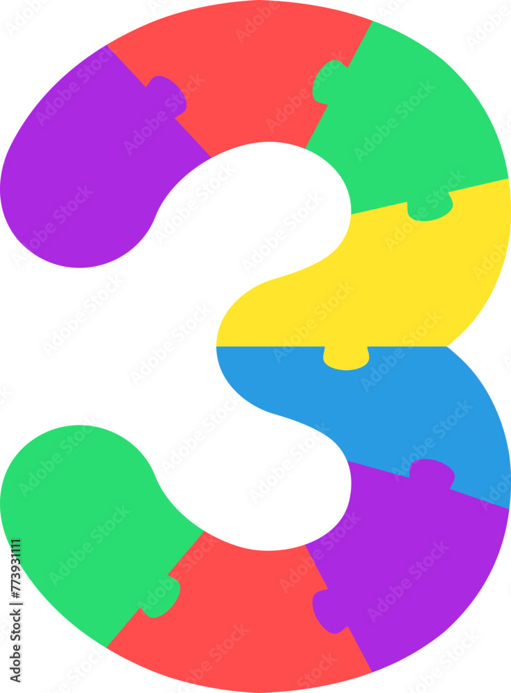 3 Three Colorful Kids Puzzle Number