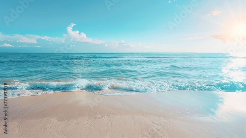 Serene beach landscape with clear blue sky and gentle waves, tropical summer backdrop. Vacation and relaxation concept for design and print. Wide scenic view with copy space