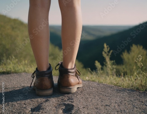 A person is standing on a rocky hillside wearing brown boots