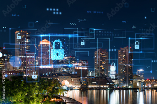 Cityscape at night with holographic security icons overlaid  photography and photomontage style  on a dark urban background. Cybersecurity and technology concept. Double exposure