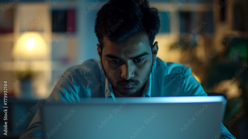 a man is looking at a laptop with a shirt on a man is looking at a laptop with a shirt on
