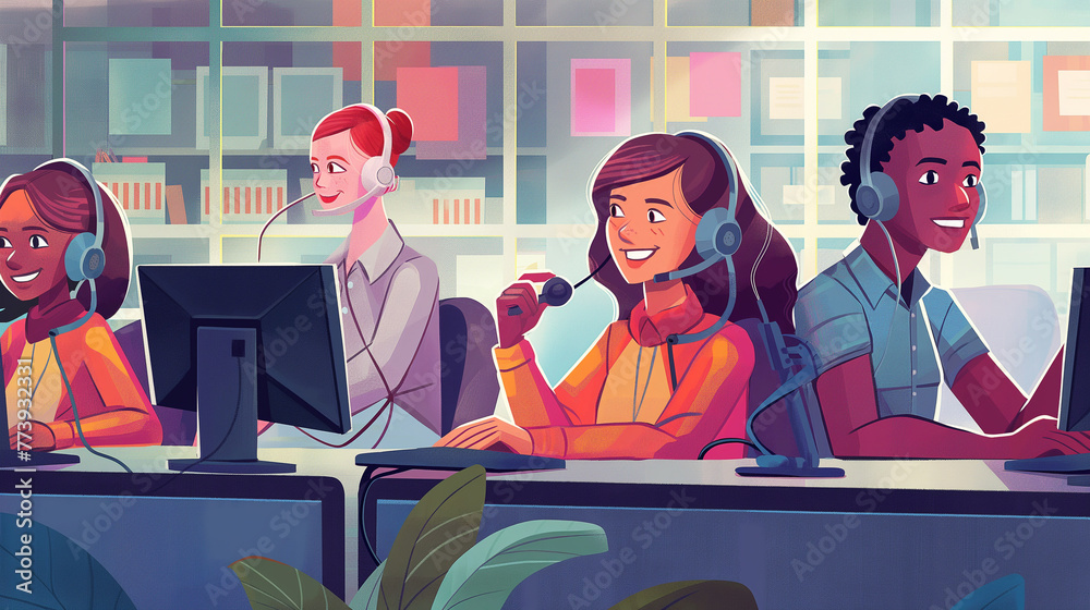 In a modern call center, rows of desks stretch across the room, each occupied by call center workers focused on their computer screens as they handle incoming calls