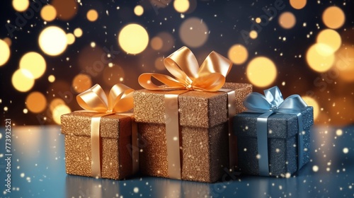3D rendering of Christmas gift boxes surrounded by bokeh lights. Gift boxes on bokeh background. Christmas and New Year concept