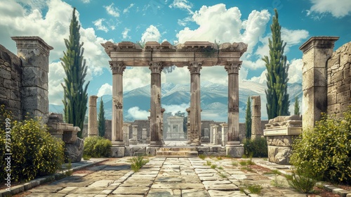 Majestic Ancient Greek Temple Ruins under Blue Sky with Scenic Clouds and Greenery