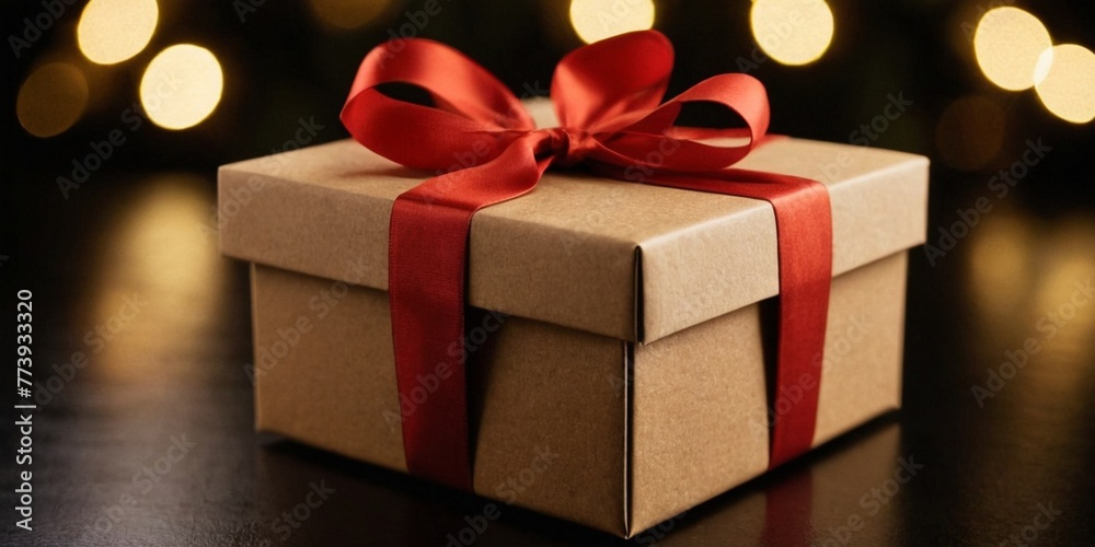Gift box with red ribbon on bokeh lights background. Gift box with red ribbon on bokeh lights background.