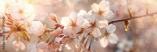 A closeup of cherry blossoms on the branch, with pink and white petals blooming gracefully against an outdoor background